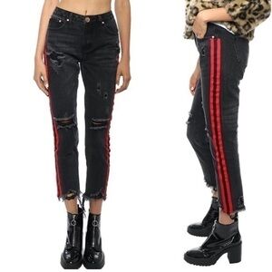 Brooklyn Karma Distressed Red Racing Stripe Jeans